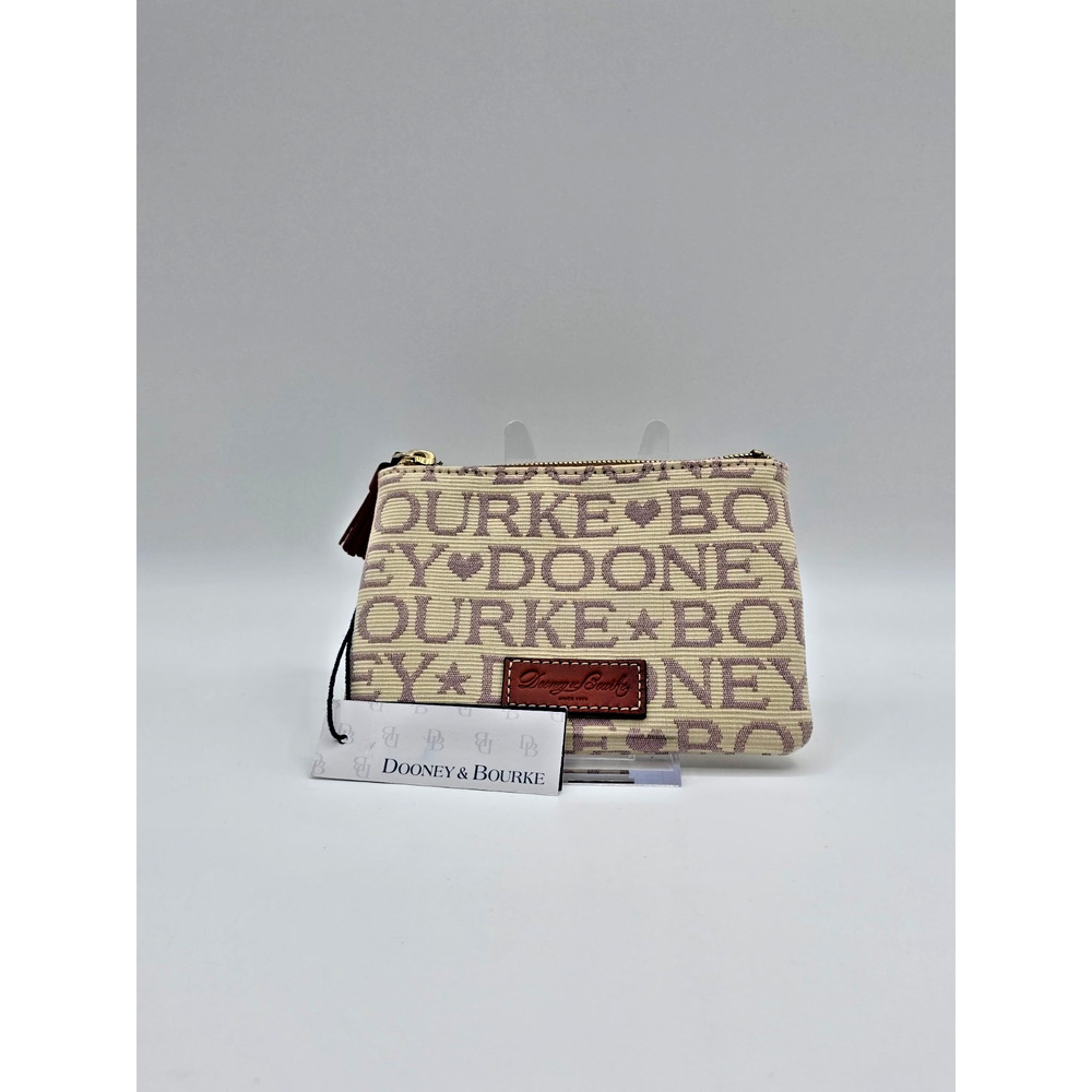 Dooney & Bourke Logo Canvas Wristlet Pouch Beige with Leather Tassel NWT
